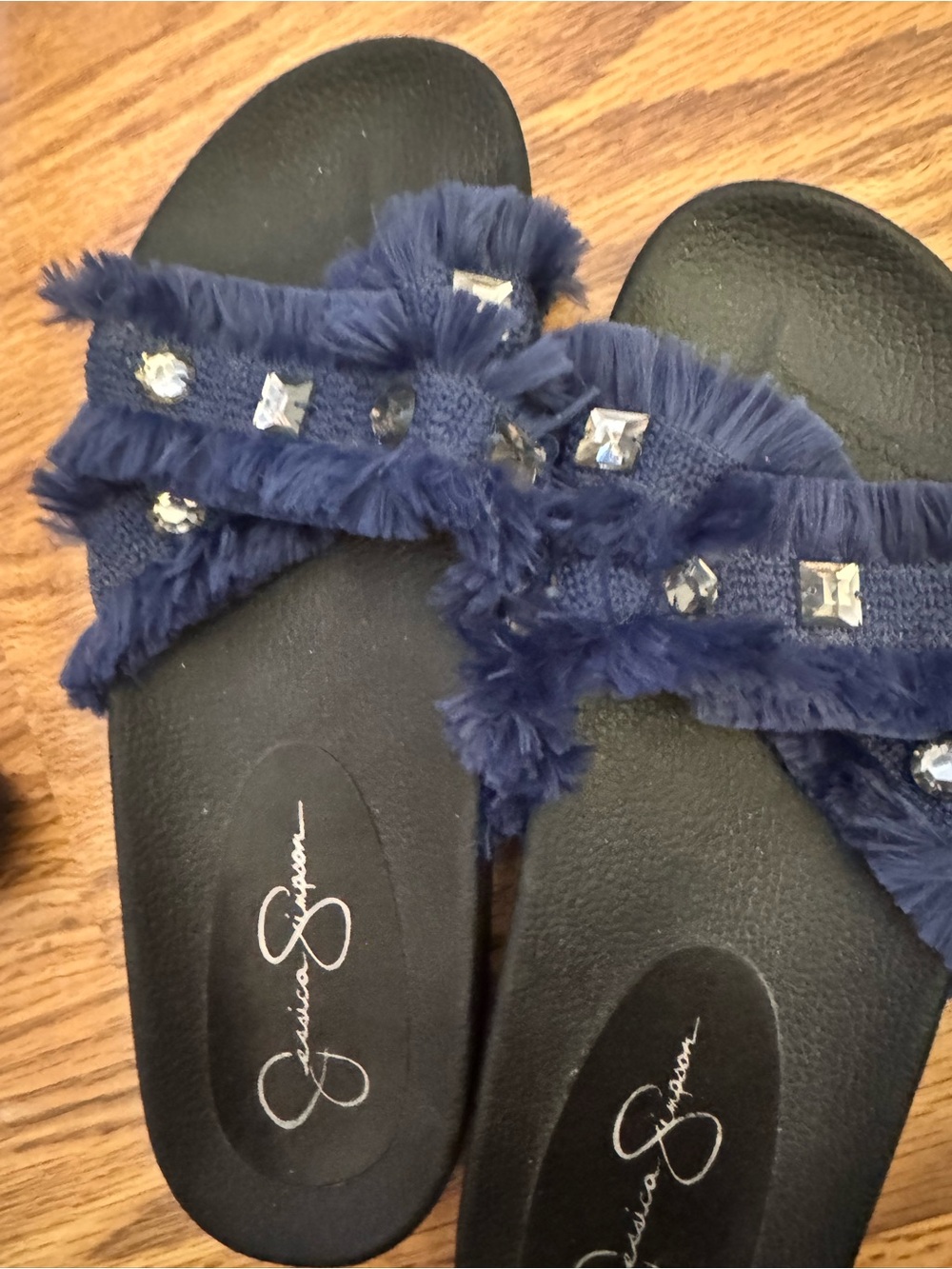 Jessica Simpson Navy Fringe Slide Sandals with Crystal Accents